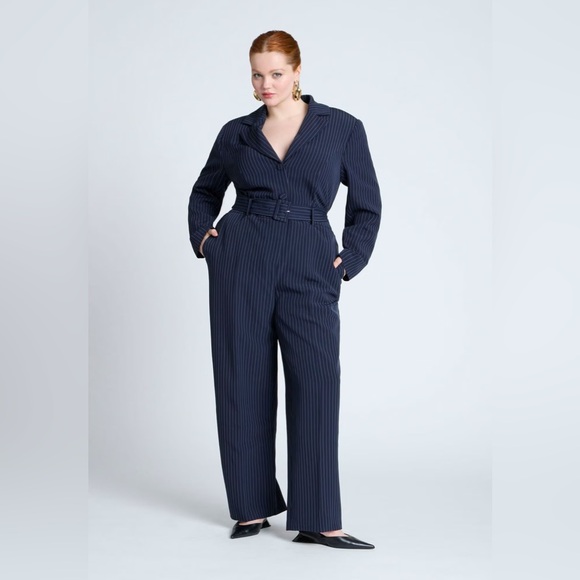 New With Tags ELOQUII Navy Pinstripe Belted Jumpsuit size 20 - Picture 5 of 11